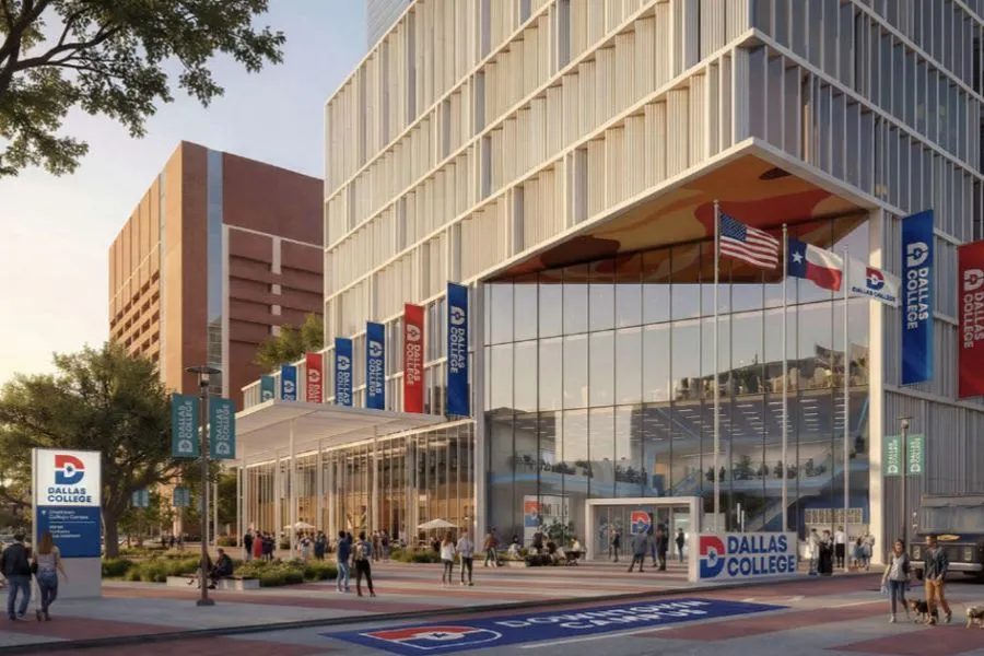 A rendering of a potential downtown Dallas campus facade with large sidewalks and Dallas College banners around it.