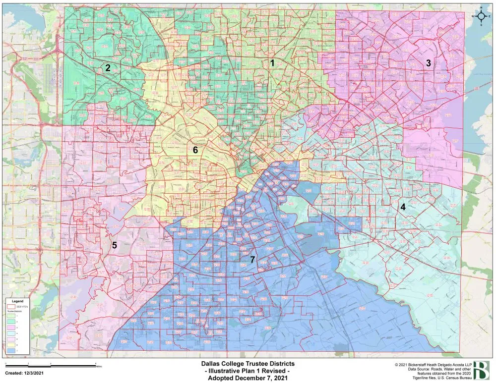 Map showing the boundaries of each of the Dallas College Trustee Districts