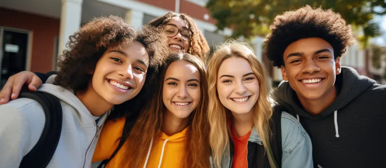 Group of high school students smiling for a selfie