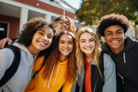 Group of high school students smiling for a selfie