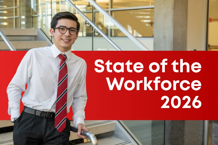 dallas college student wearing red tie with white collared shirt and glasses