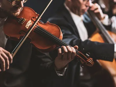 Musicians playing string instruments during an orchestra performance.