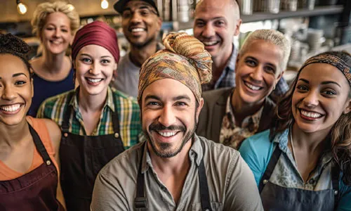 Group of apron-clad business owners posing together.