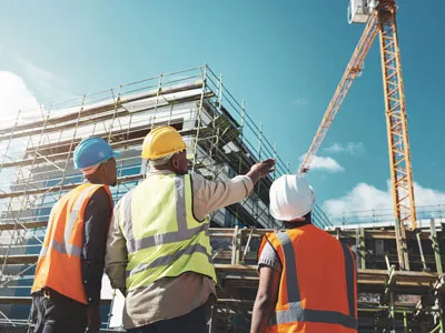 Construction workers reviewing progress at a building site with scaffolding and a crane.