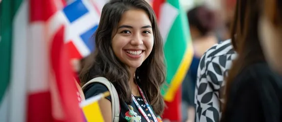 a smiling young woman standing among some flags