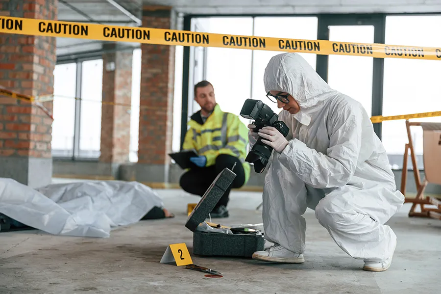 forensic scientist crouched on the floor taking photo of a evidence at a crime scene