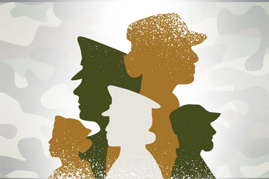 Silhouettes of five military personnel on a camouflage background