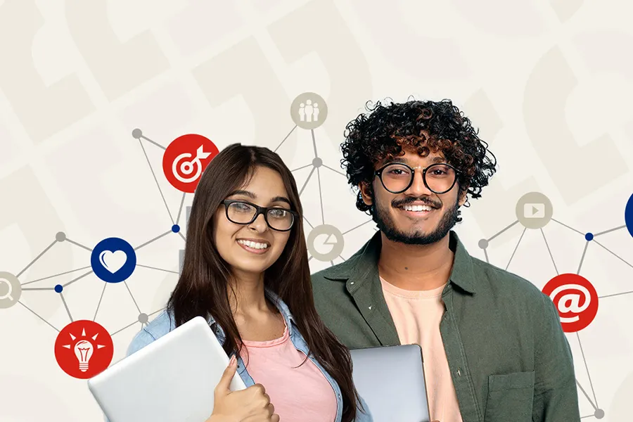 Two students with laptops in front of digital marketing icons
