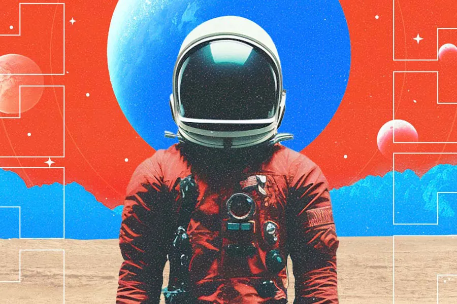 Astronaut in a red suit standing on a barren landscape with planets in the background.