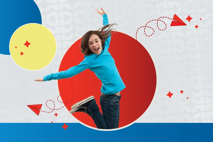 Colorful Summer Camps banner with bold text, red paper airplanes, and a person jumping in excitement.