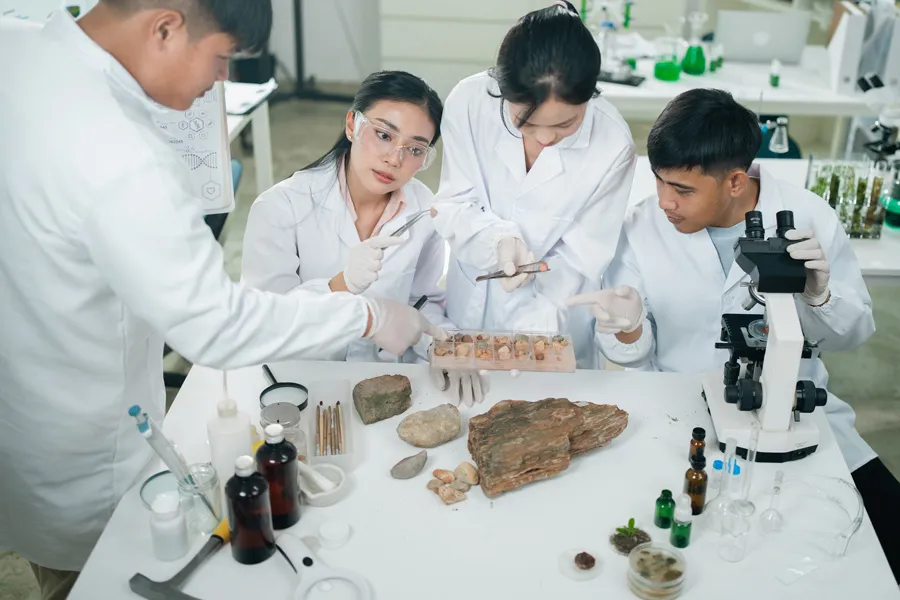 Four people in lab coats and gloves examining rock samples and using a microscope at a cluttered laboratory table with scientific equipment.