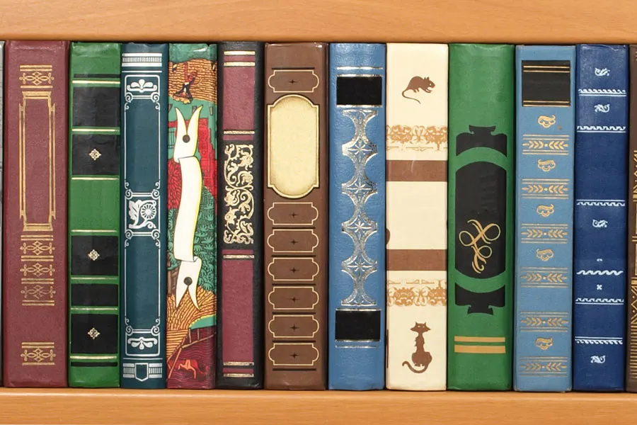 Row of eleven ornate hardcover books with colorful, patterned spines on a wooden shelf, featuring gold embossing and animal illustrations.