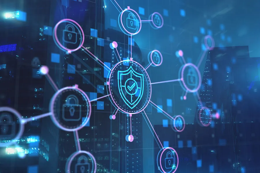 Cyber security shield centered in a network of icons