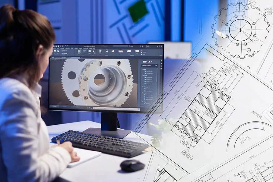 A person sits at a desk working on a computer running CAD software, which displays a detailed 3D model of a mechanical gear. Technical drawings and blueprints of mechanical parts are overlaid on the right side of the image. The person is using a keyboard and mouse to interact with the software.