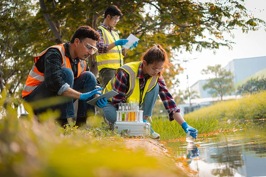 Three people in safety vests and gloves collect pond water samples using test tubes and a container.