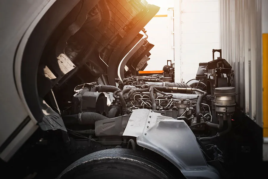 Diesel engine under the hood of a work truck