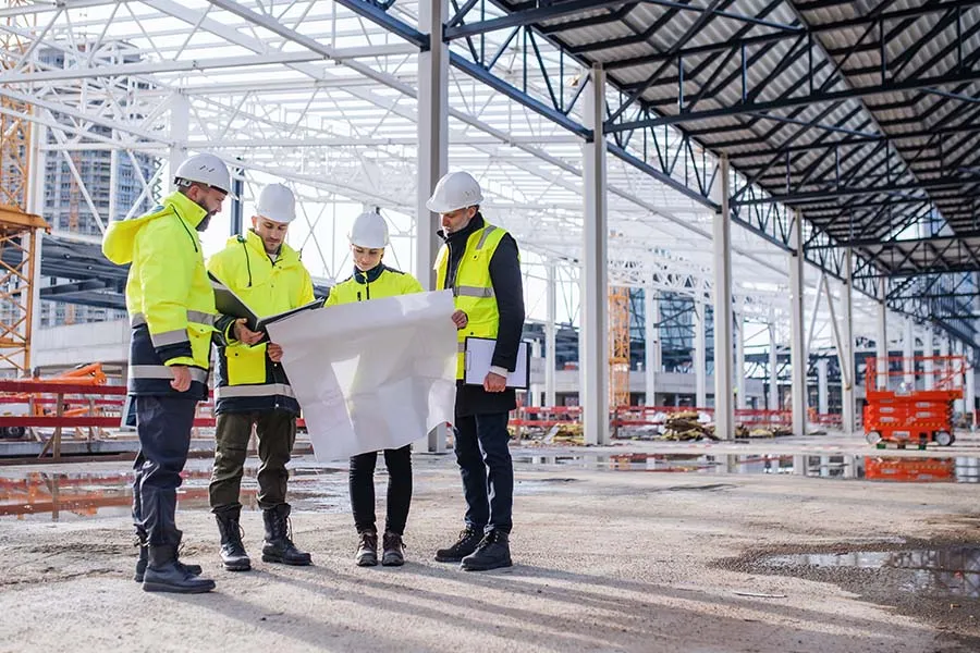 Construction workers studying blueprints at a worksite.