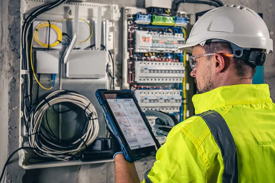 A person in a white hard hat and high-visibility yellow jacket inspects an electrical panel filled with wires and components. They are holding a tablet displaying diagrams or schematics. The person's face is blurred for privacy.