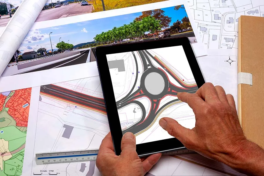 Person uses a tablet displaying a roundabout design, surrounded by printed maps, plans, and a ruler on a table.