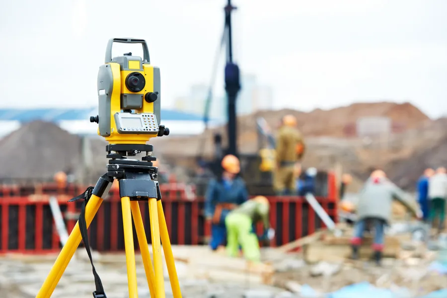 Total station on tripod at active construction site with workers and equipment.