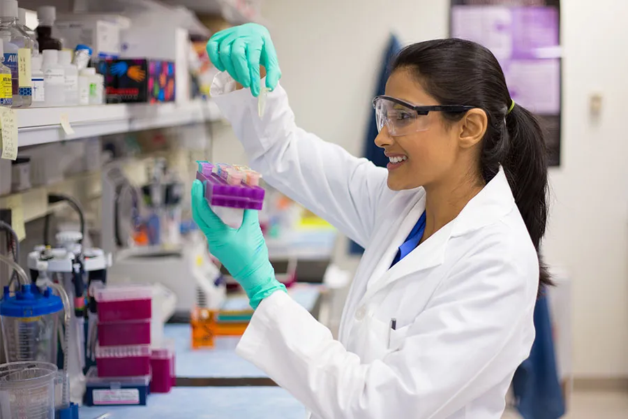 Lab tech inspecting test vials