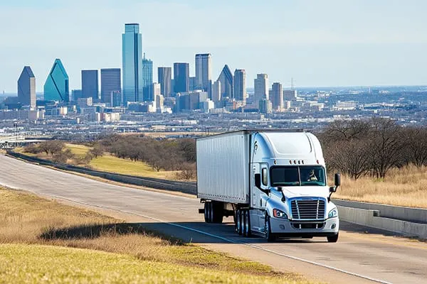 A semi truck drives down the road with the downtown Dallas skyline in the background