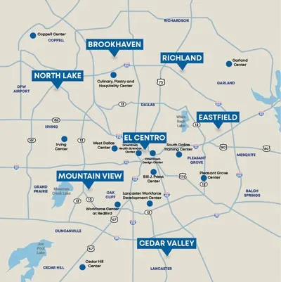 map showing dallas college campus locations around dallas county