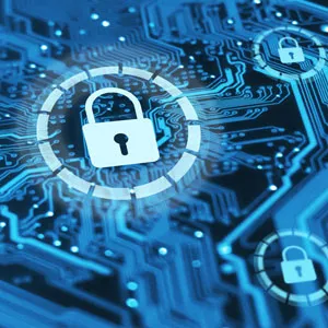 blue background with a lock portraying cybersecurity