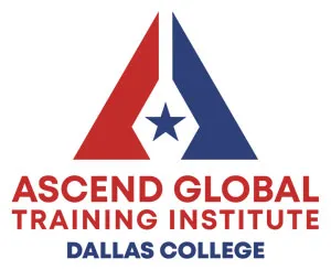 Red and blue triangle with Ascend Global Training Institute Dallas College underneath