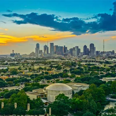 picture of Dallas Skyline buildings with blue sky