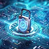 blue background with a steel lock portraying cybersecurity
