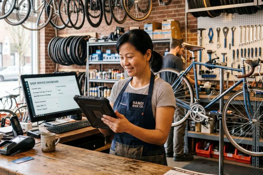 A woman writes on a tablet while working at a bicycle shop