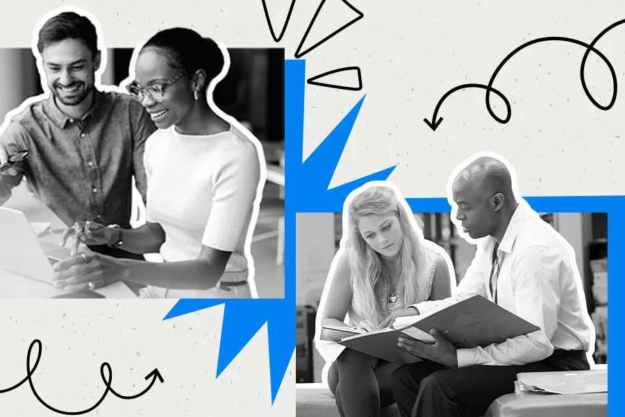 two people looking at a laptop, and two other people looking at an open notebook