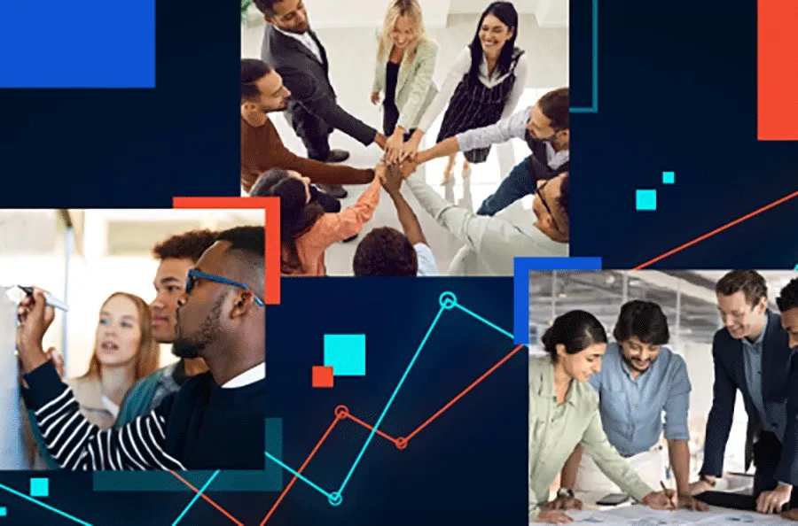 diverse groups of people working on a whiteboard and on a tabletop together