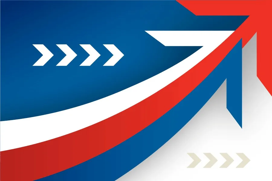 red, white and blue arrow pointing up and to the right