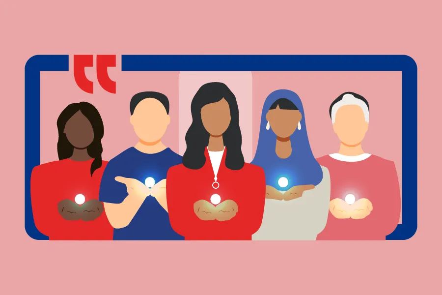 Illustration of 5 women holding a glowing ball in their hands.