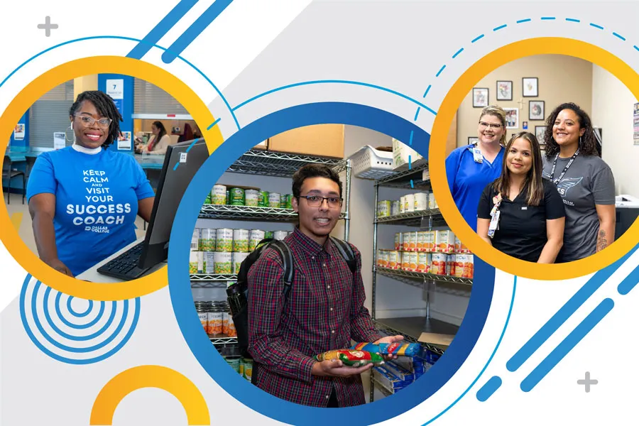 a student at a food pantry and Student Care Network employees