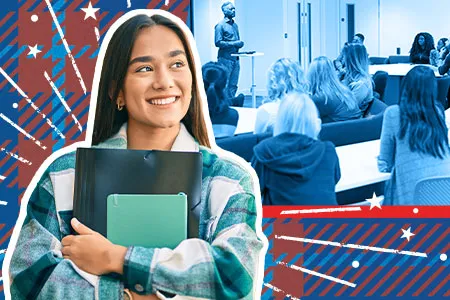 a young woman holds notebooks in her arms; a man gives a presentation to students