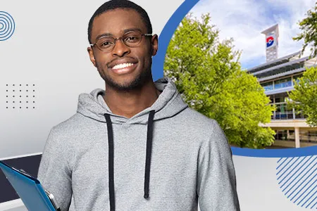 a smiling student wearing a hoodie; a campus building