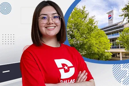 a young woman wearing a red Dallas College T-shirt; in the background, a Dallas College building