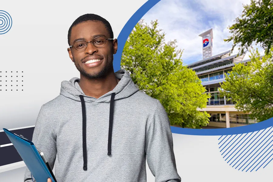 a smiling student wearing a hoodie; a campus building