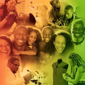 A collage of families and individuals with a red, yellow and green gradient overlay