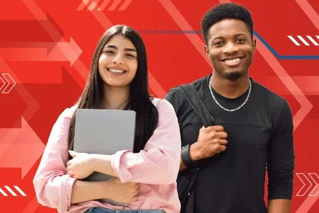 a young woman holding a laptop and a young man with a backpack over his shoulder