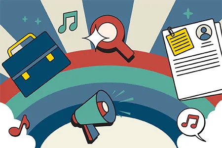 colorful graphic of a briefcase, resume, magnifying glass, megaphone and music notes