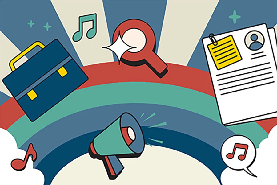 colorful graphic of a briefcase, resume, magnifying glass, megaphone and music notes