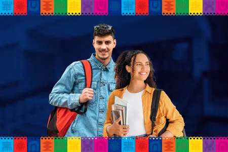 a young man and woman carrying books and bookbags, with borders of colorful Mexican papel picado banners