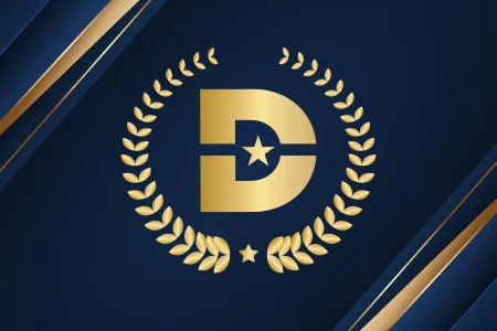 Gold Dallas College logo and laurel wreath on a dark blue background with gold and blue diagonal stripes, symbolizing a distinction award.
