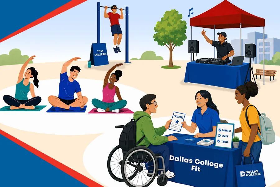students enjoying wellness fair activities, including info booths and exercising