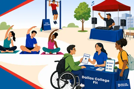students enjoying wellness fair activities, including info booths and exercising