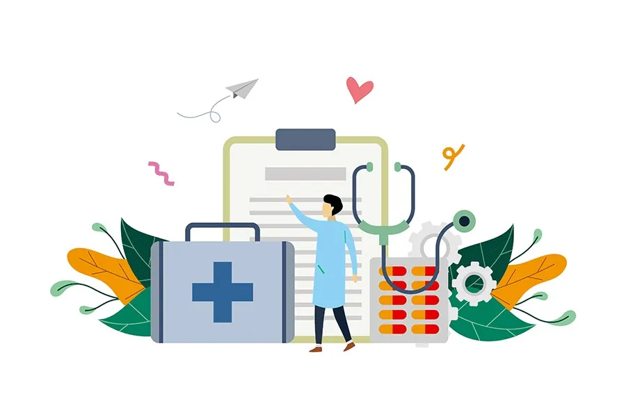 a tiny health care worker surrounded by a giant clipboard, medical case and capsules